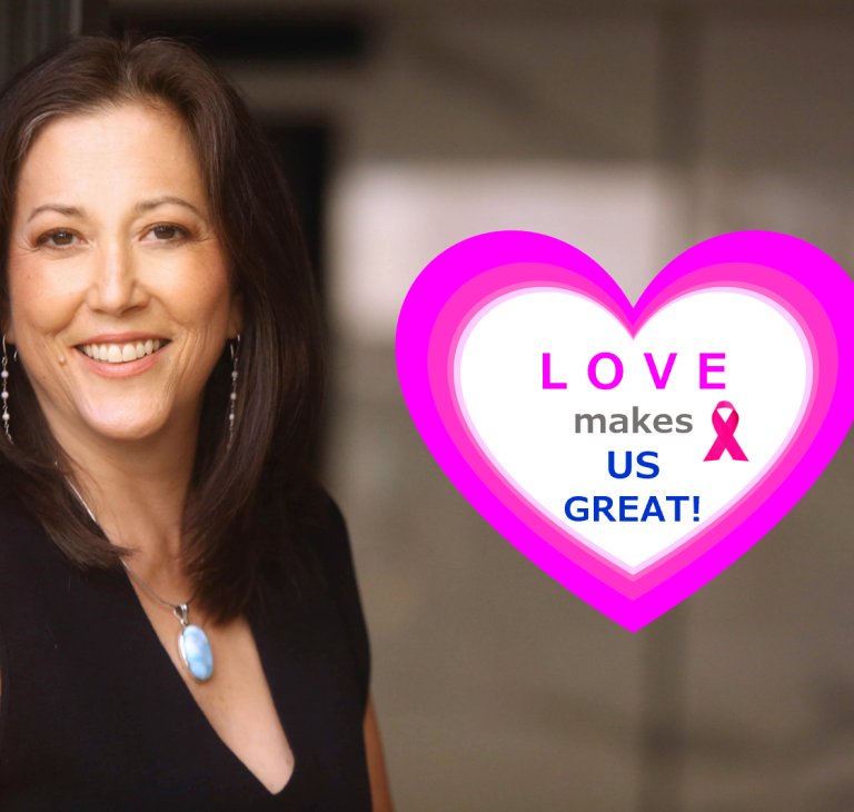 Joyce headshot smiling. Heart in pink that say Love Makes Us Great