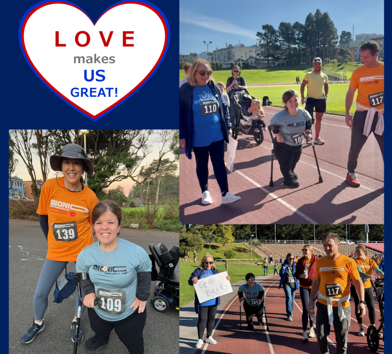 Three pictures of Joyce and Becky at the Bionic 5K