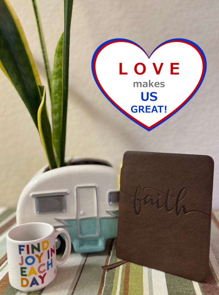 Faith Faith journal, small mug that says Find Joy in Each Day, and a ceramic planter that looks like a mid-century modern trailer with a plant