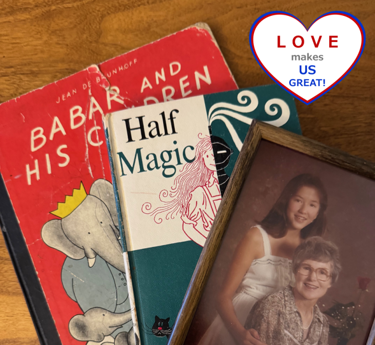 Two childrens' books and picture of Joyce with her Gram